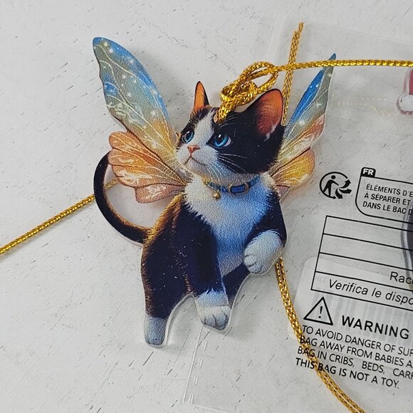 Acrylic Cat Ornament Set of 2 Fairy Kitten Christmas Lights Tuxedo Cat 2D - Picture 3 of 5